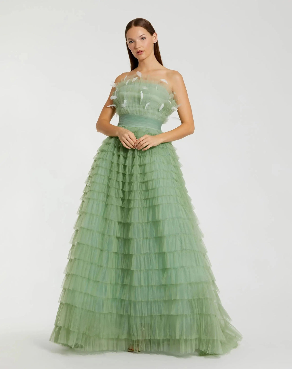 Green Strapless Ruffle Gown with Feathers