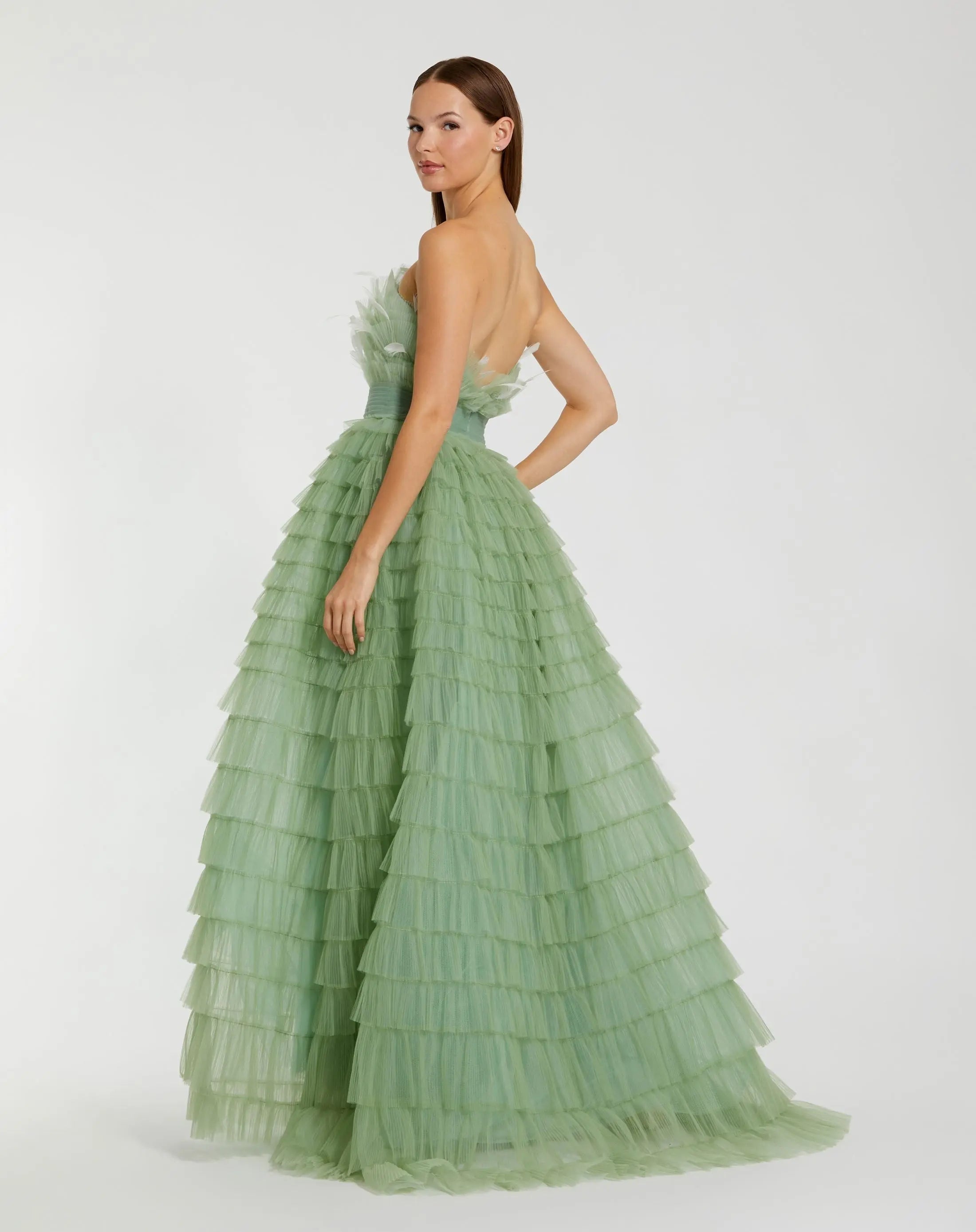 Green Strapless Ruffle Gown with Feathers