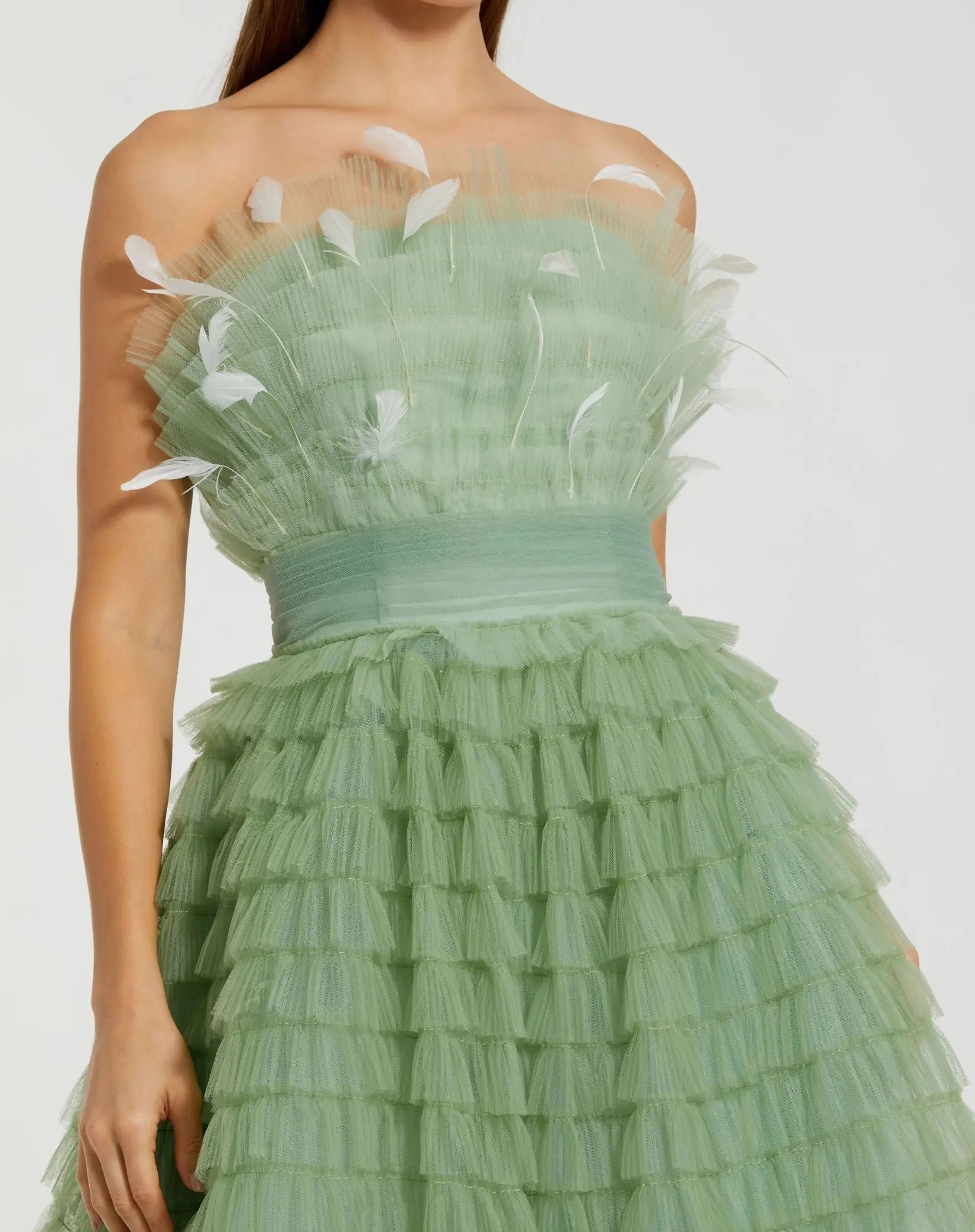 Green Strapless Ruffle Gown with Feathers