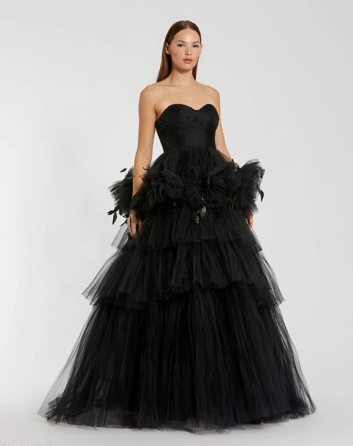 Black Strapless Tulle Gown with Feather Detail
