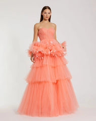 Orange Strapless Tulle Gown with Feather Detail - FINAL SALE