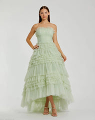 Green Strapless Tulle Ruffle Gown