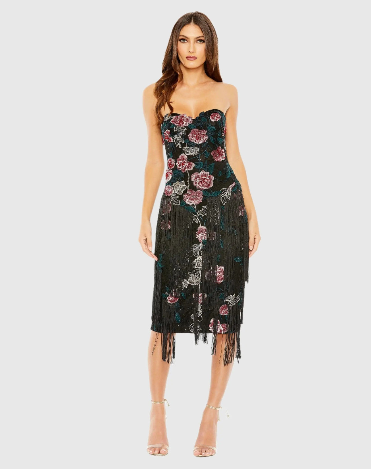 Black Strapless Floral Embroidered Midi Dress With Fringe Detailing