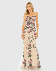 Beige Floral Embroidered Strapless Gown