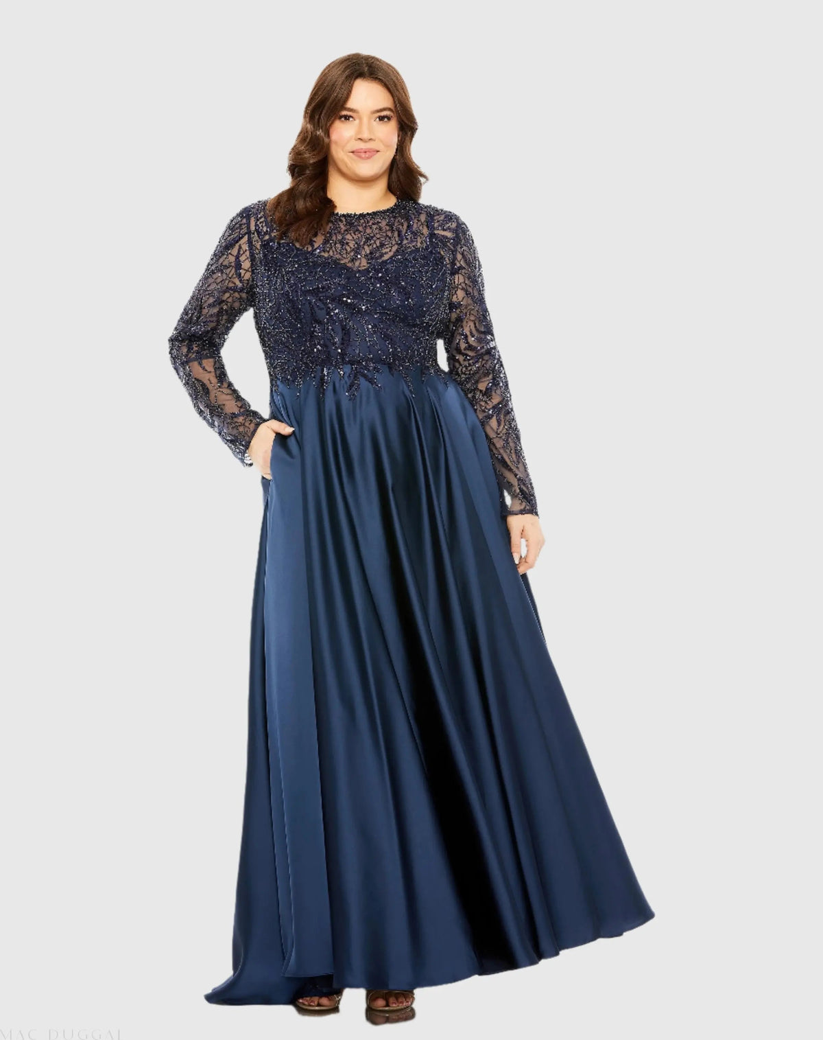 Navy Sheer Long Sleeve Beaded Top Satin Gown (Plus)