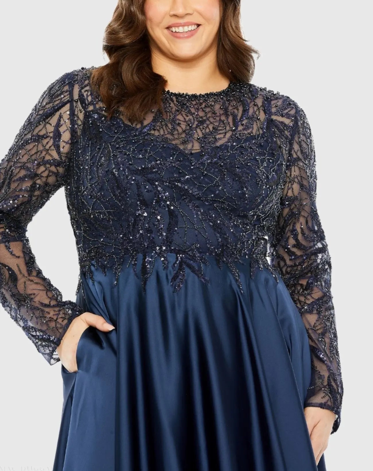 Navy Sheer Long Sleeve Beaded Top Satin Gown (Plus)