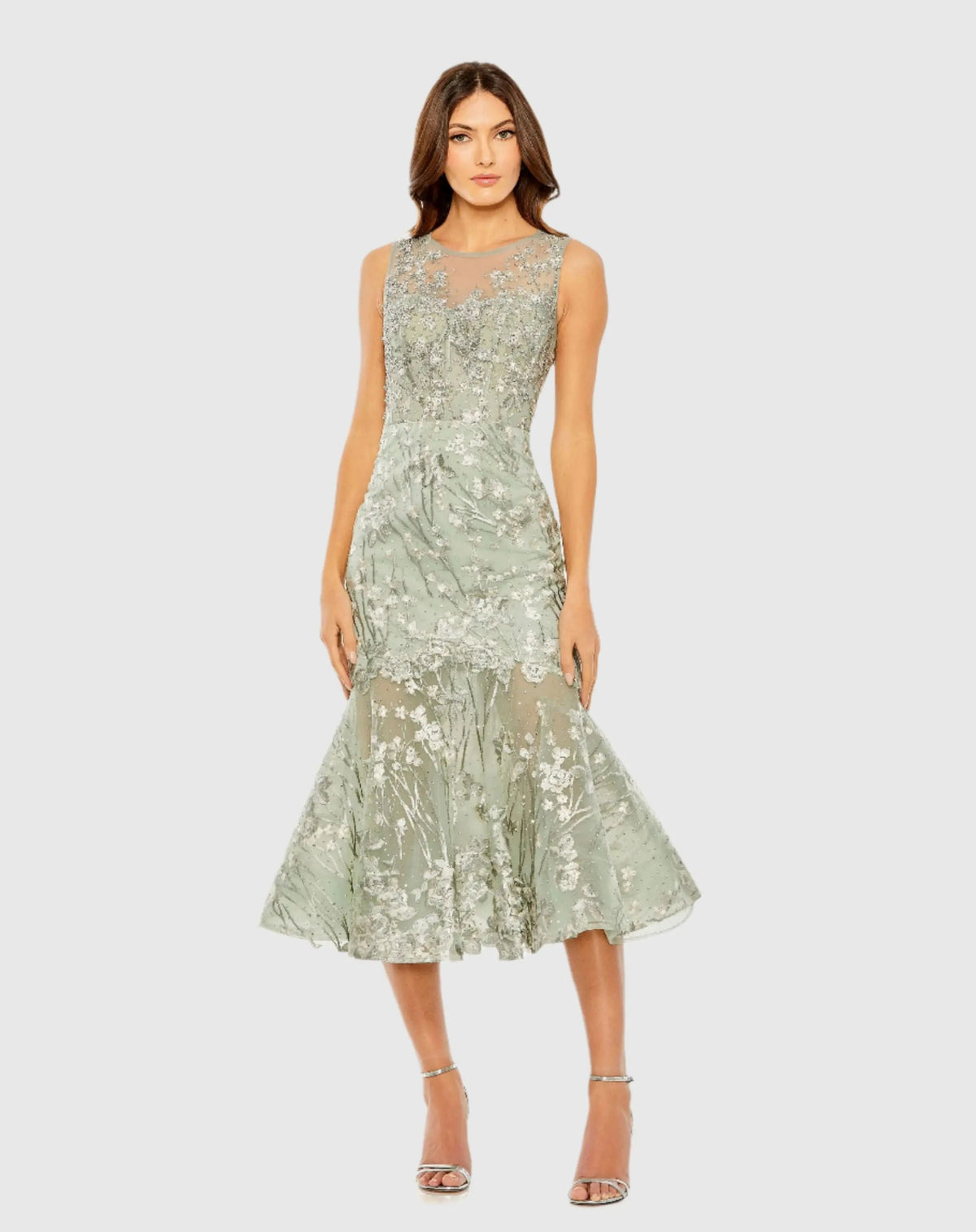 Sage Green Sleeveless Embroidered Trumpet Midi Dress