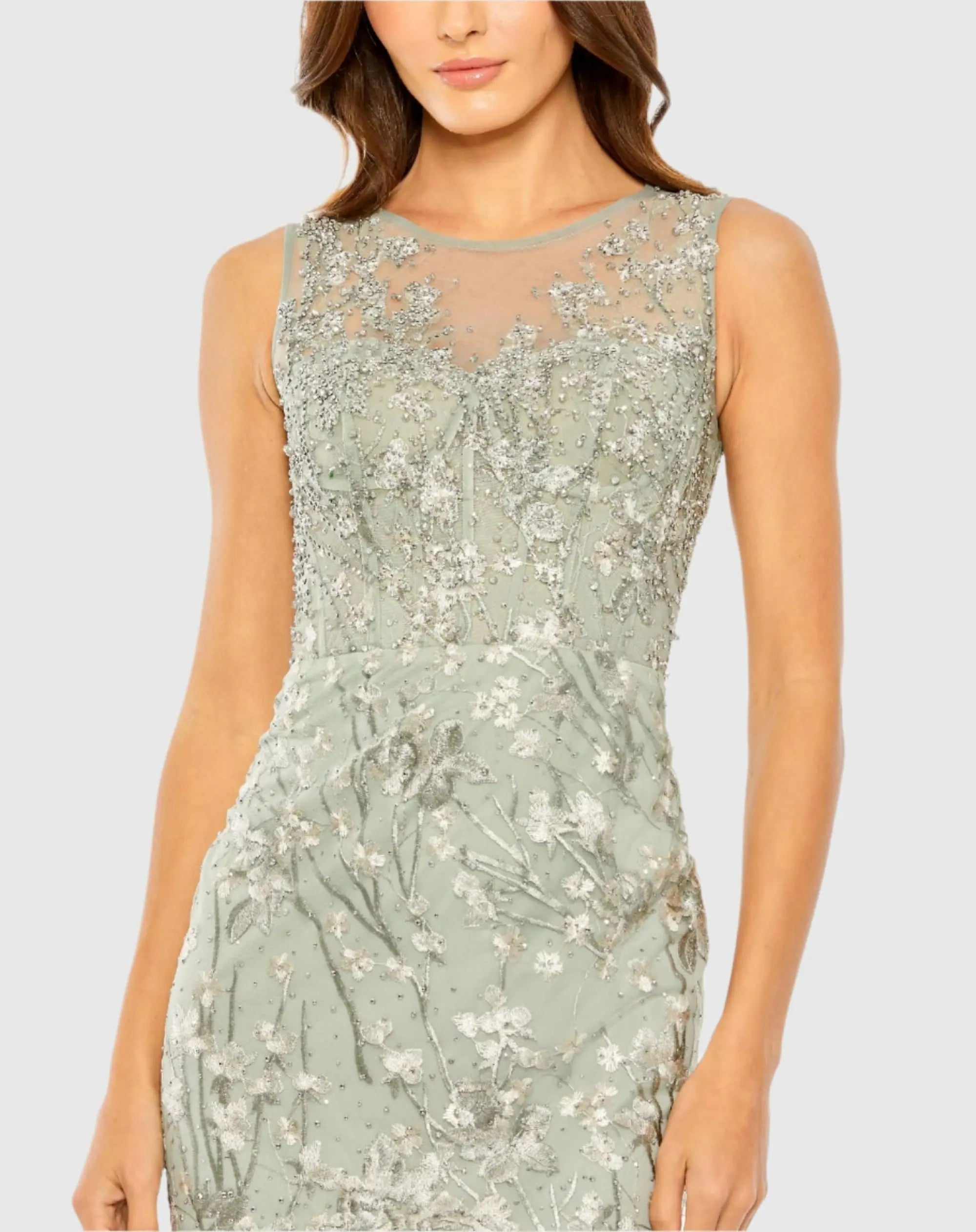 Sage Green Sleeveless Embroidered Trumpet Midi Dress