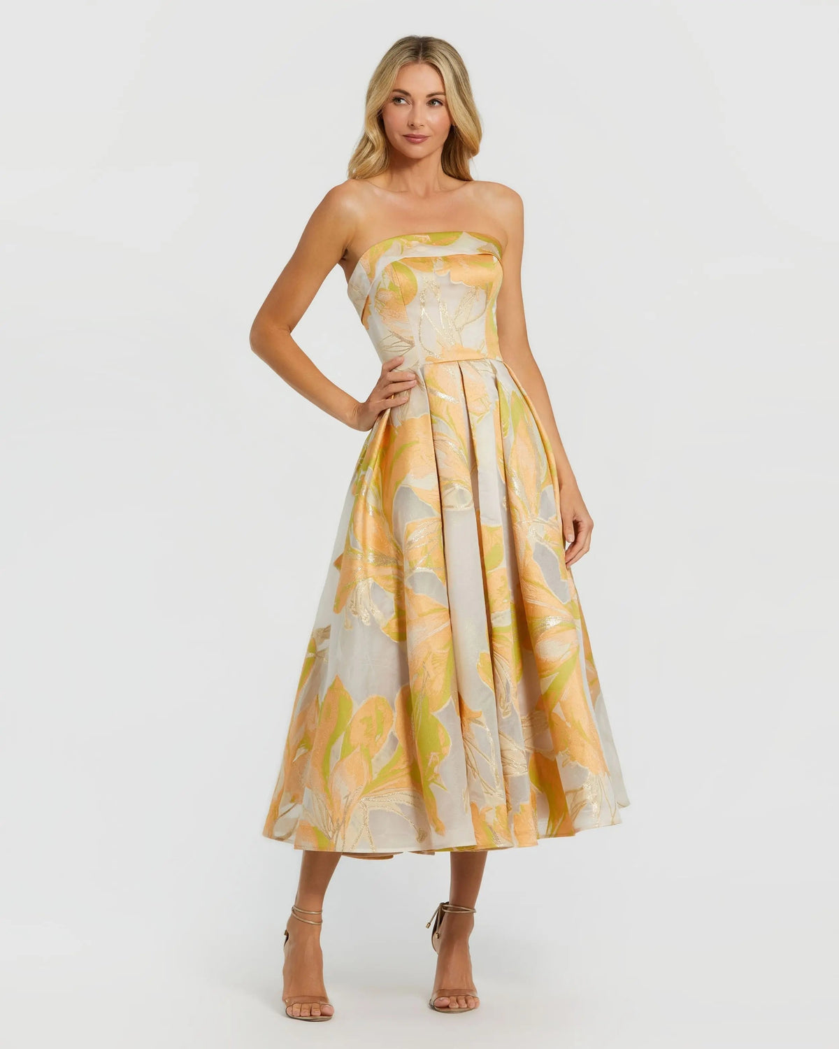 Beige and Orange Strapless Brocade Midi Dress with Pockets