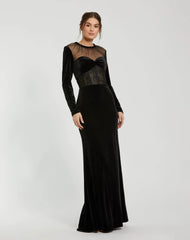 Black Long Sleeve Sheer Top Lace Bustier Velvet Gown