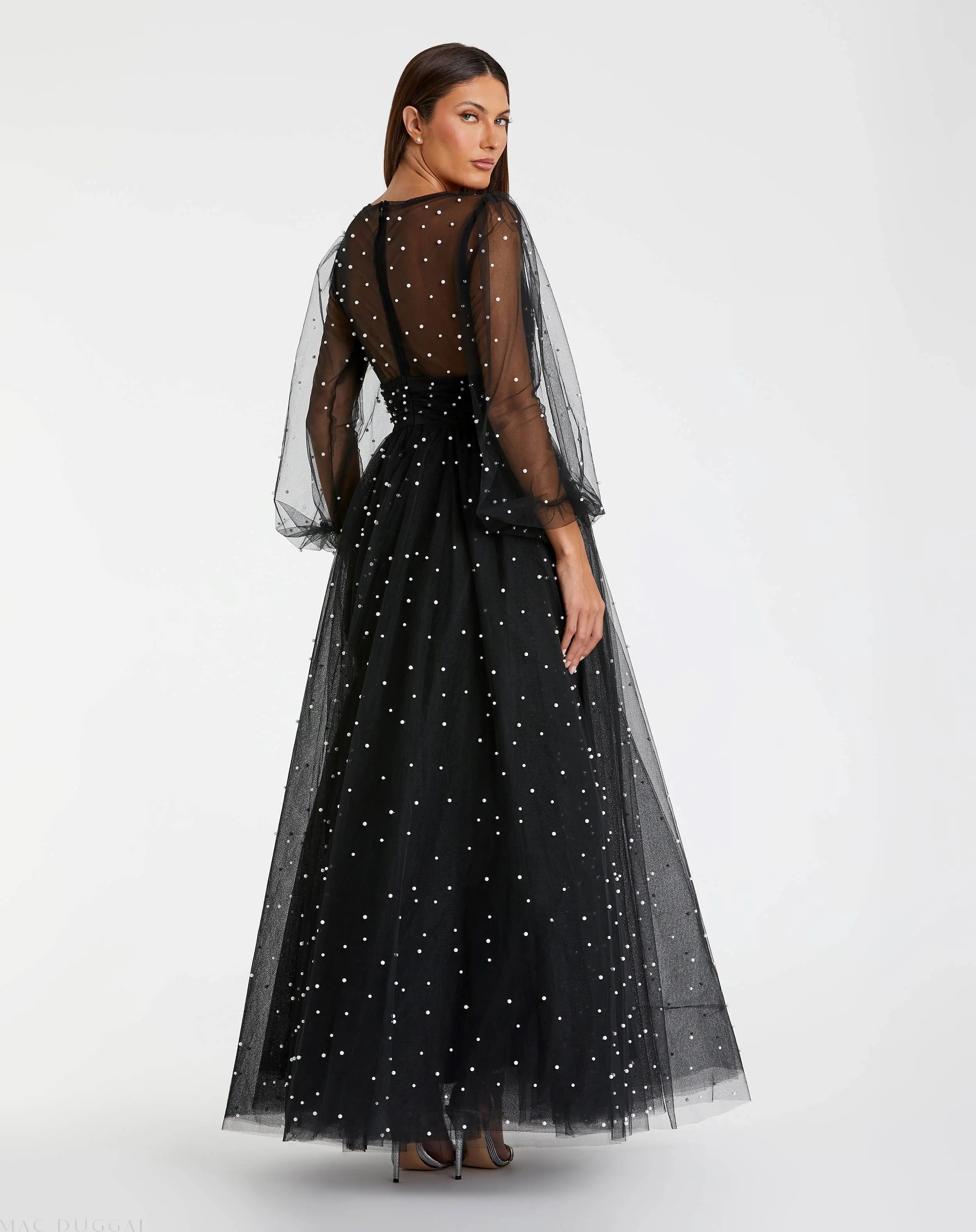 Black Long Sheer Sleeve Draped Pearl Beaded Gown