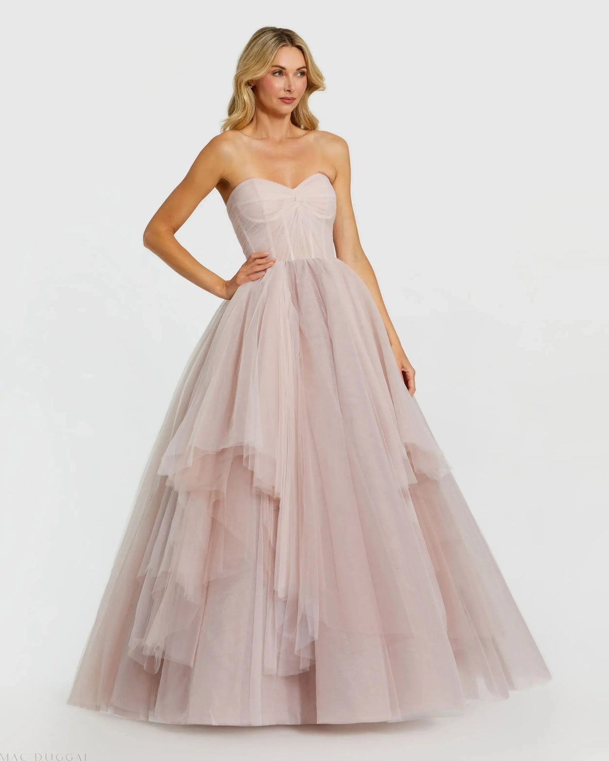 Strapless Bustier Twist Top Ruffle Ballgown