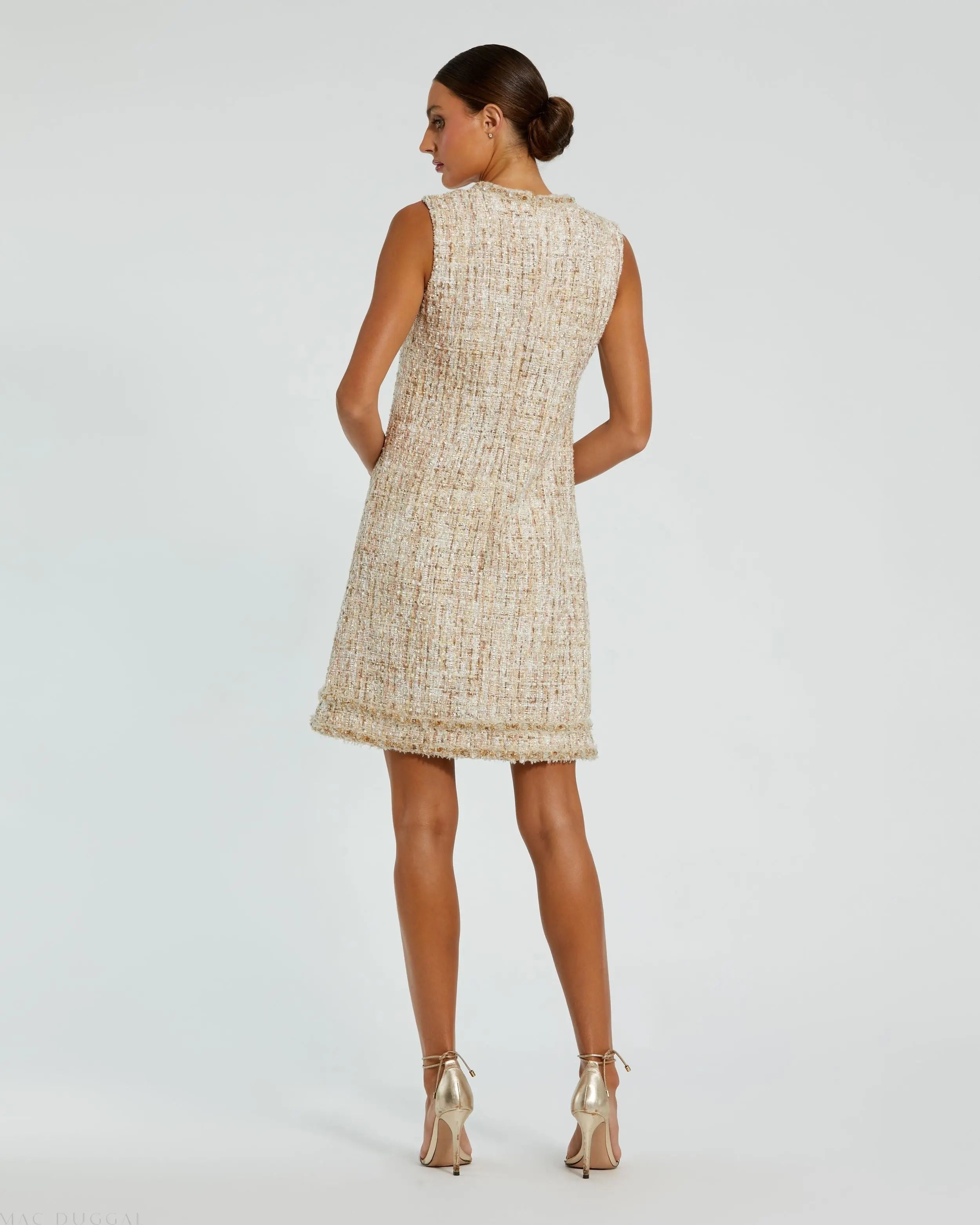 Beige Beaded Trim A-Line Mini Shift Dress