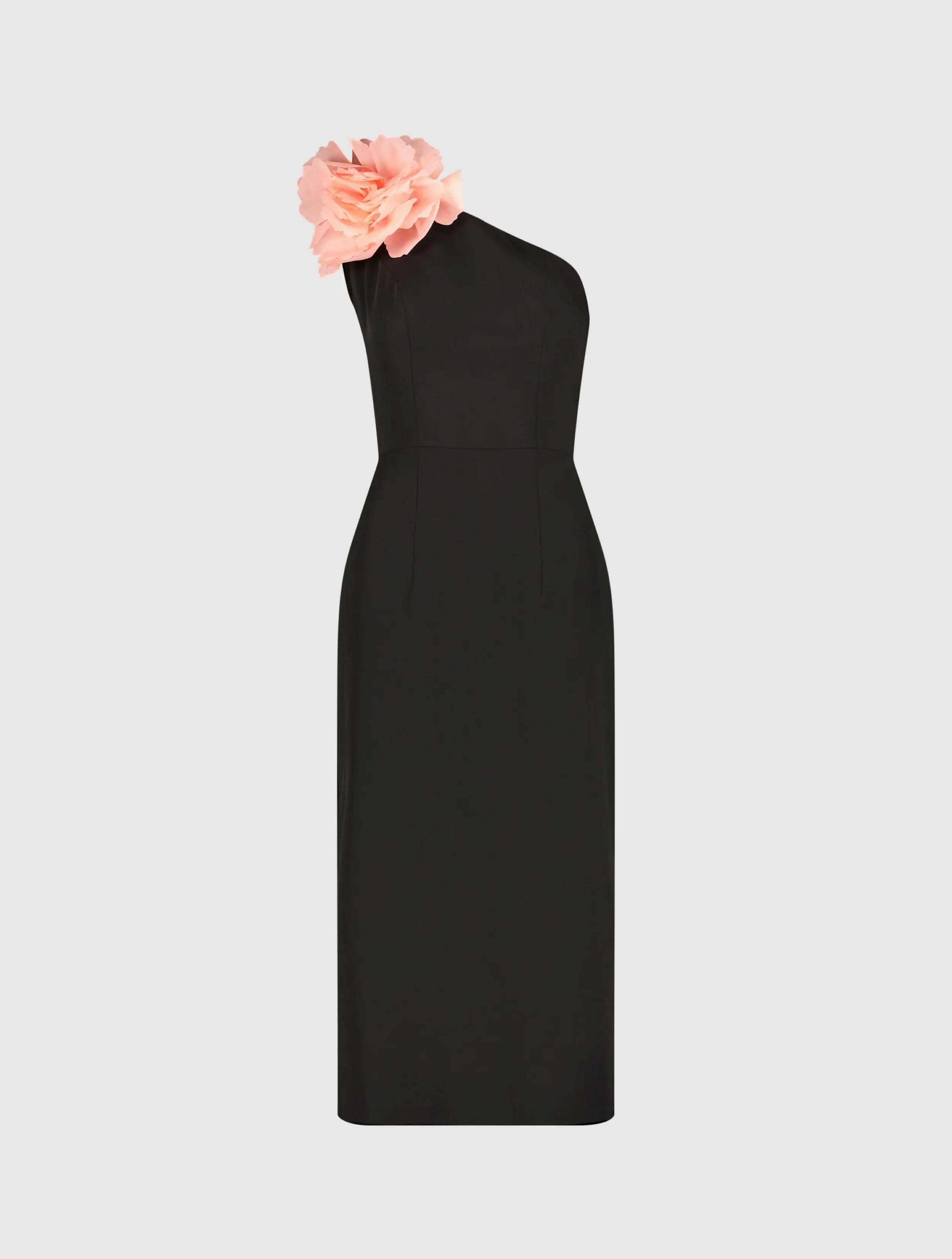 Black Crepe One Shoulder Midi Dress With Flower