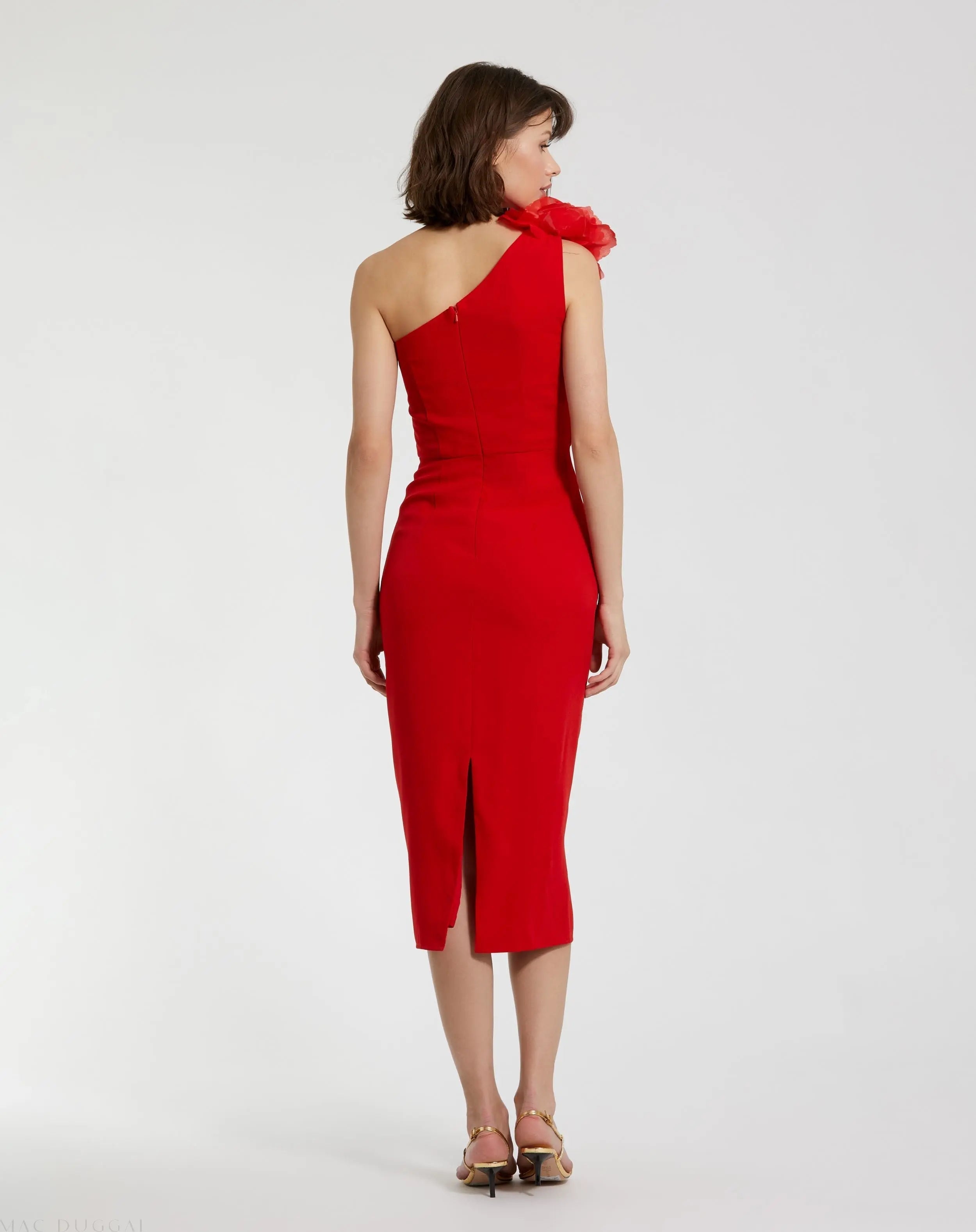Red Crepe One Shoulder Midi Dress With Flower