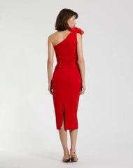 Red Crepe One Shoulder Midi Dress With Flower