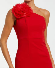 Red Crepe One Shoulder Midi Dress With Flower