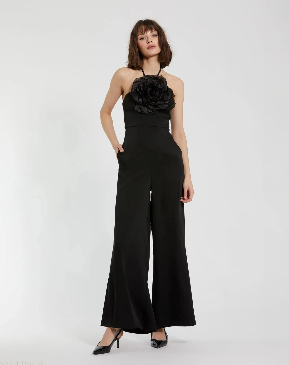 Black Crepe Halter Neck Jumpsuit With Flower