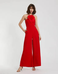 Red Halter Neck Crepe Jumpsuit With Flower