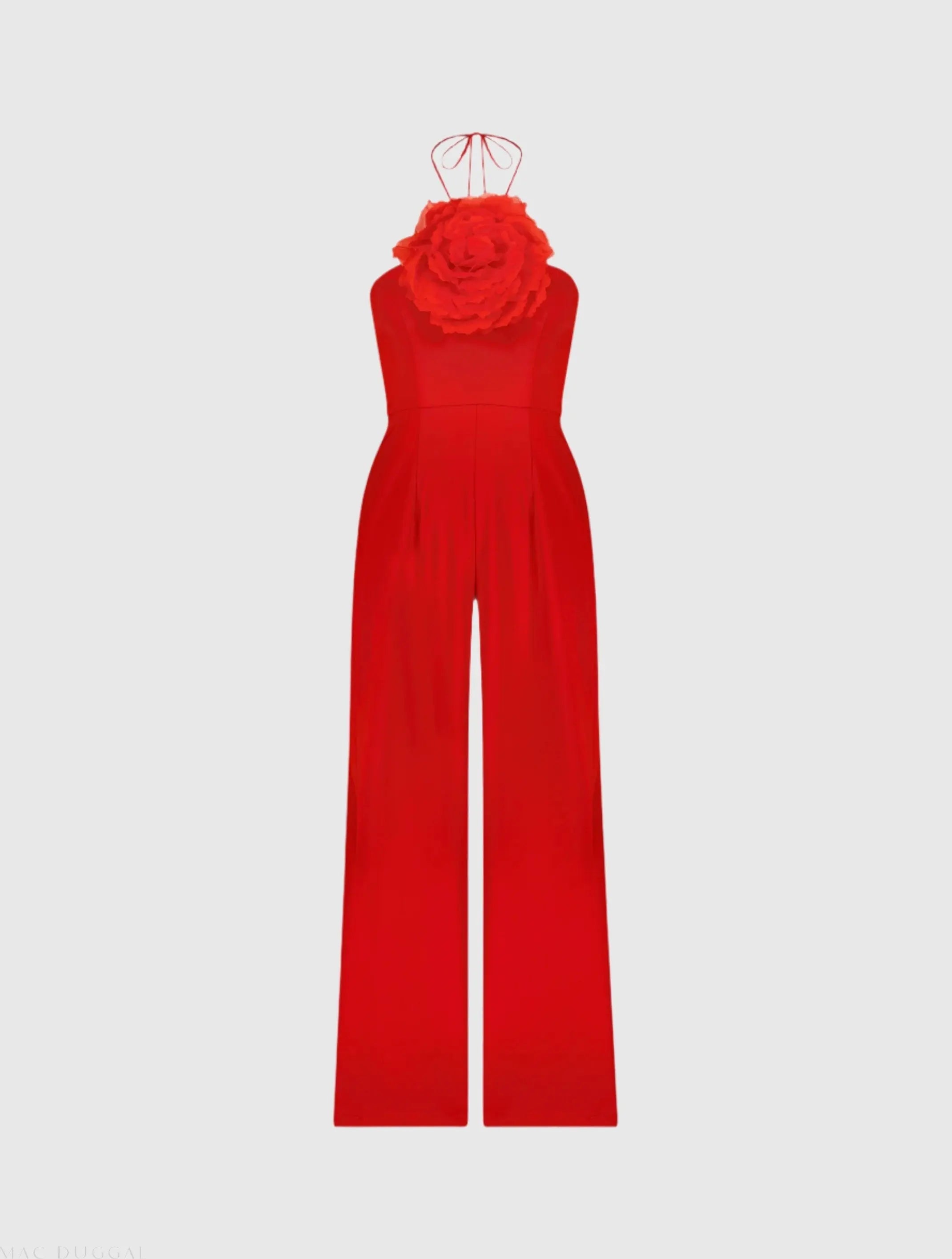 Red Halter Neck Crepe Jumpsuit With Flower