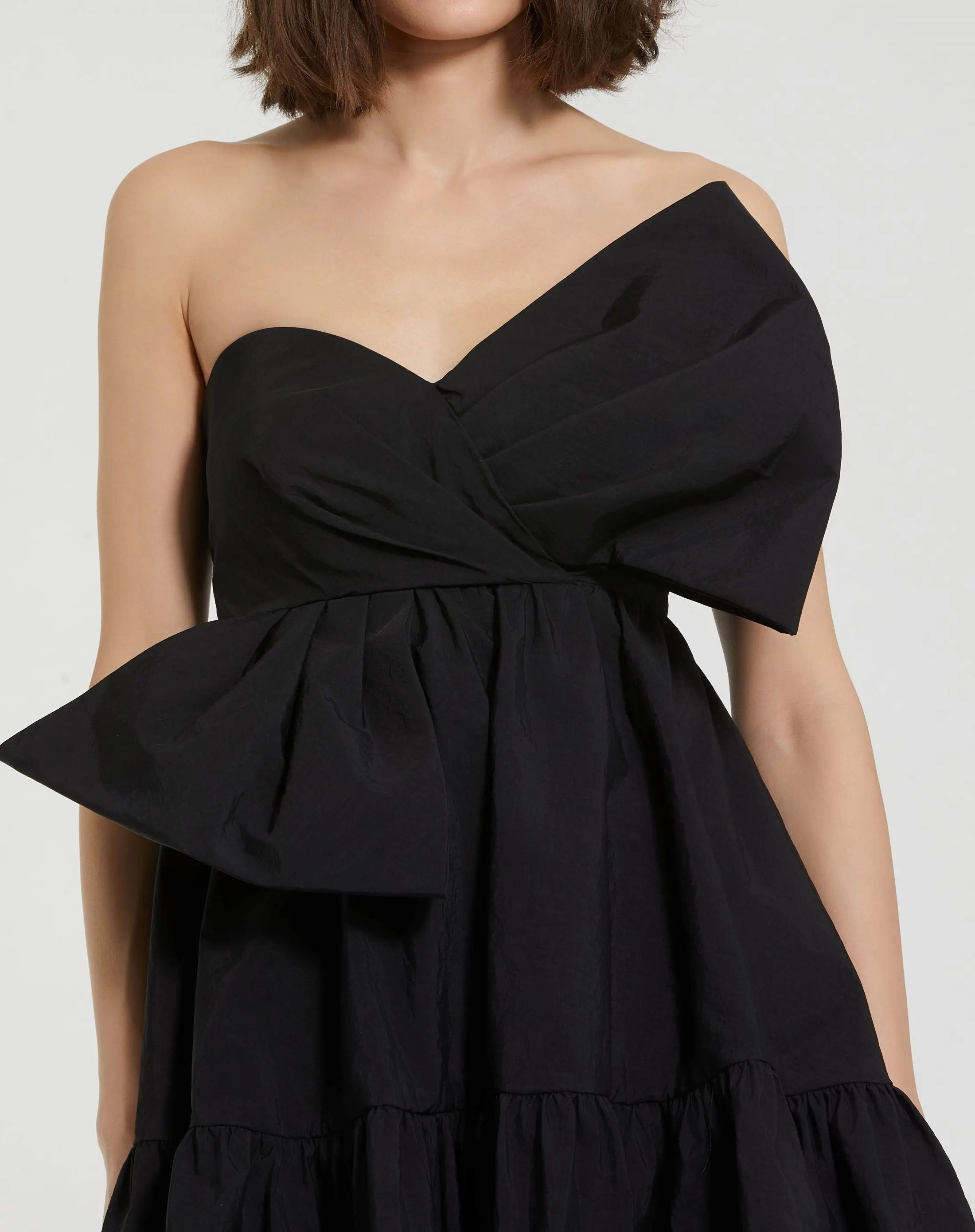 Black Faille Strapless Twist Bow Mini Dress