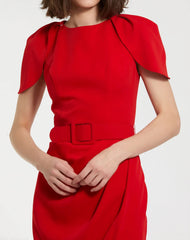 Red Crepe Boat Neck Midi Tulip Dress With Belt