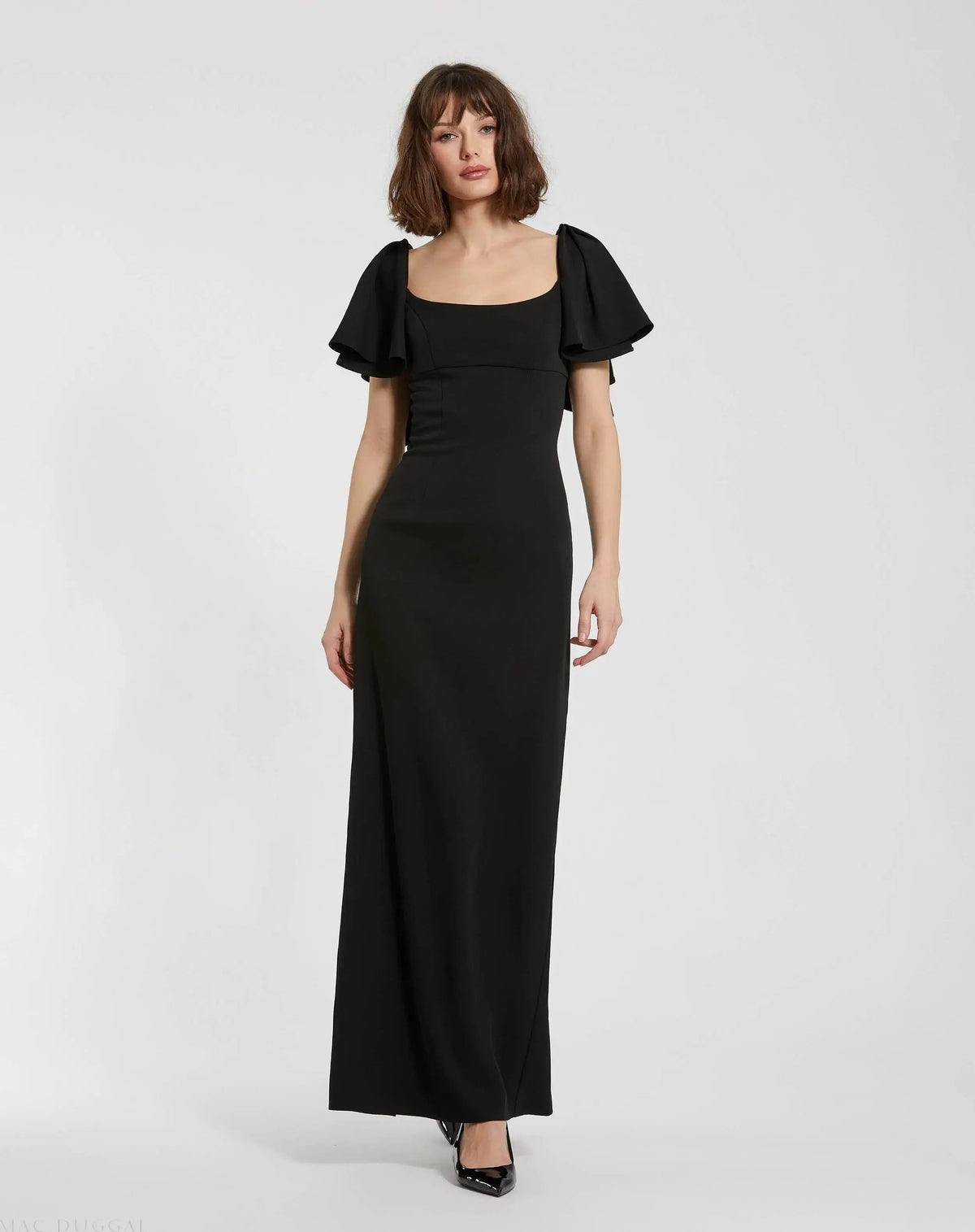 Black Crepe Fitted Long Dress With Short Ruffle Sleeves