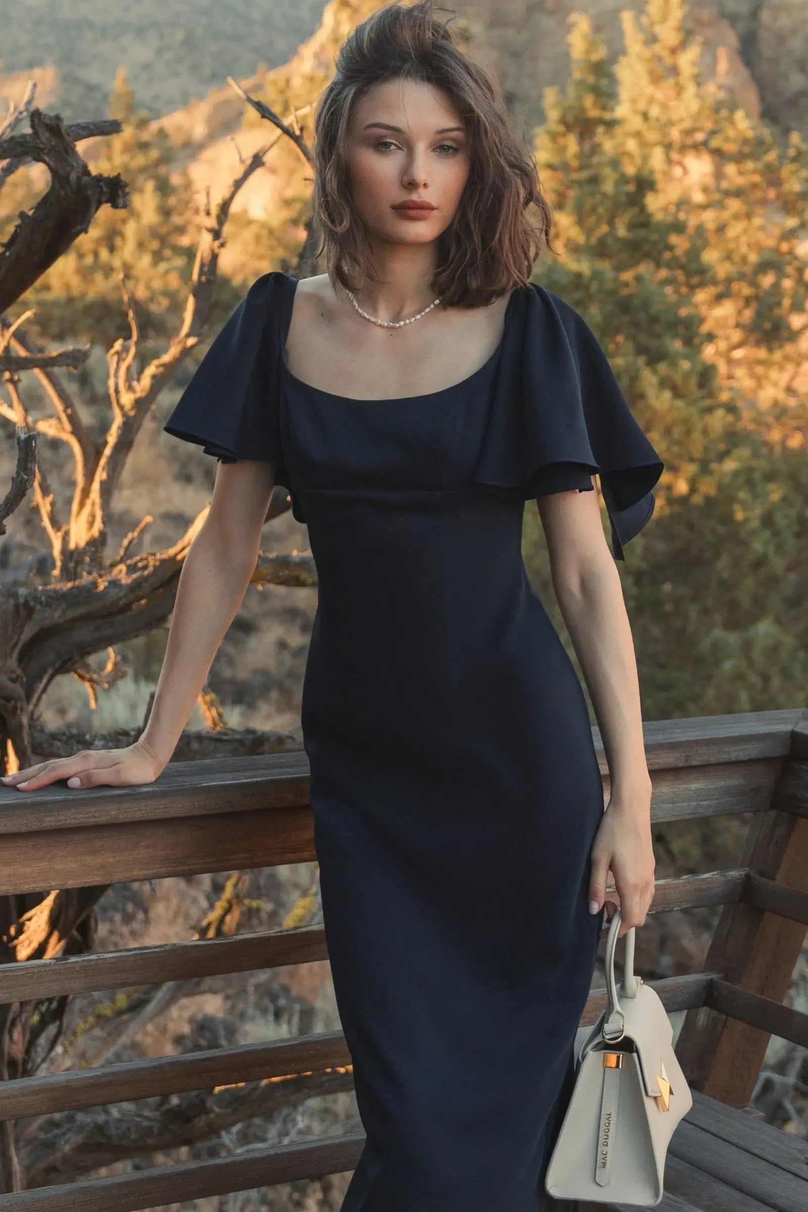Navy Crepe Fitted Column Dress With Short Ruffle Sleeves - FINAL SALE