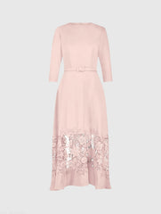 Pink Crepe Boat Neck Midi Dress With Applique Cut Out