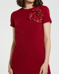 Red Crepe Cap Sleeve Mini Dress With 3D Flower Details