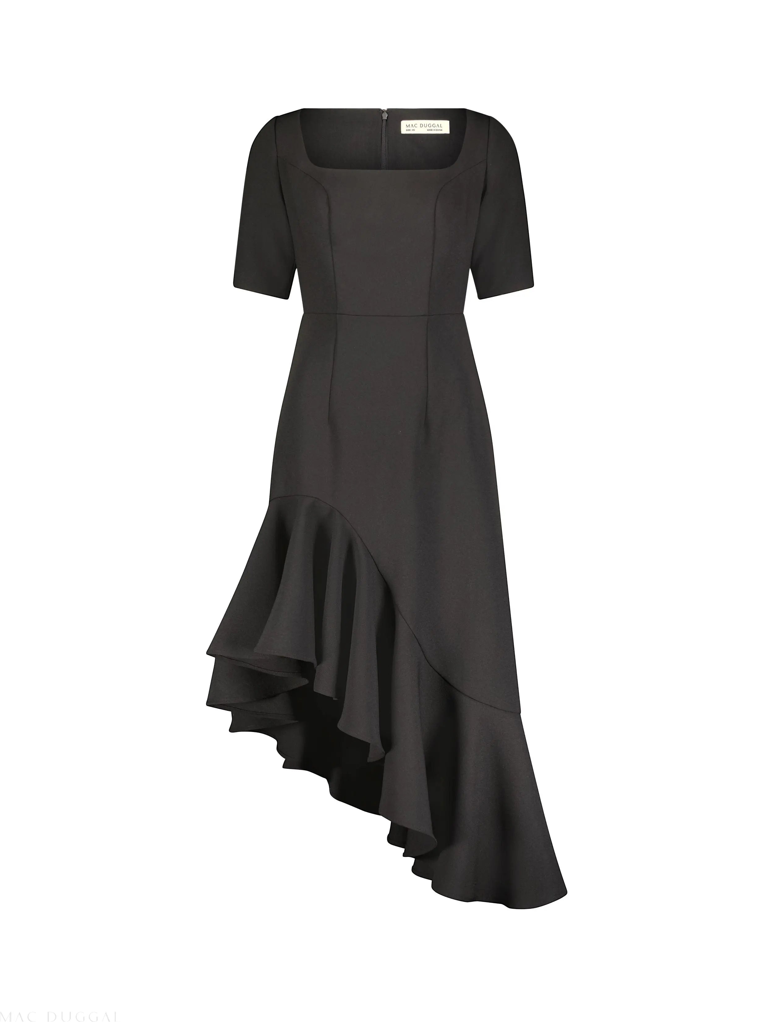 Black Crepe 3/4 Sleeve Asymmetrical Hem Dress