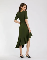 Green Crepe 3/4 Sleeve Asymmetrical Hem Dress - FINAL SALE