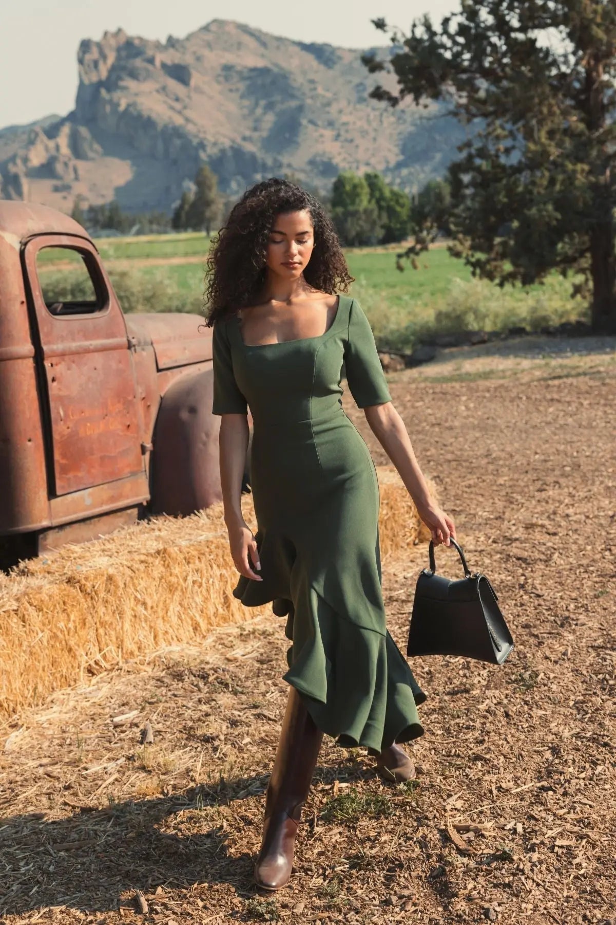 Green Crepe 3/4 Sleeve Asymmetrical Hem Dress - FINAL SALE