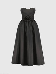 Black Faille Strapless A Line Midi Dress With 3D Rose