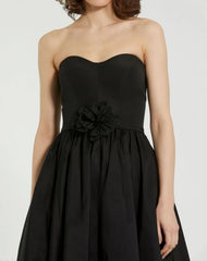 Black Faille Strapless A Line Midi Dress With 3D Rose