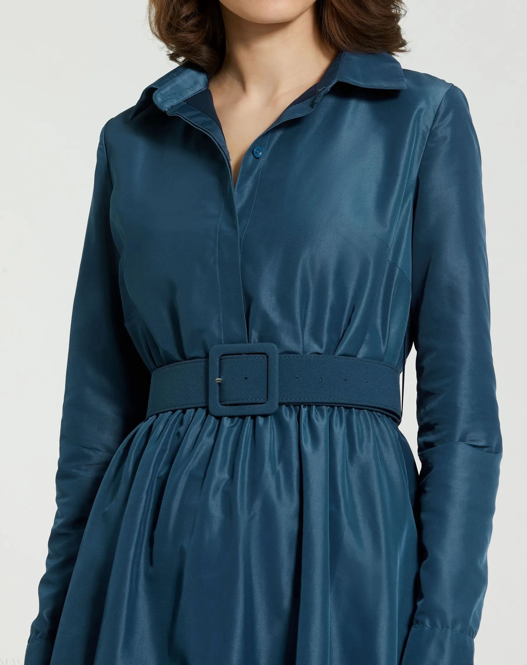 Blue Faille Long Sleeve Collared Midi Dress With Belt - Final Sale
