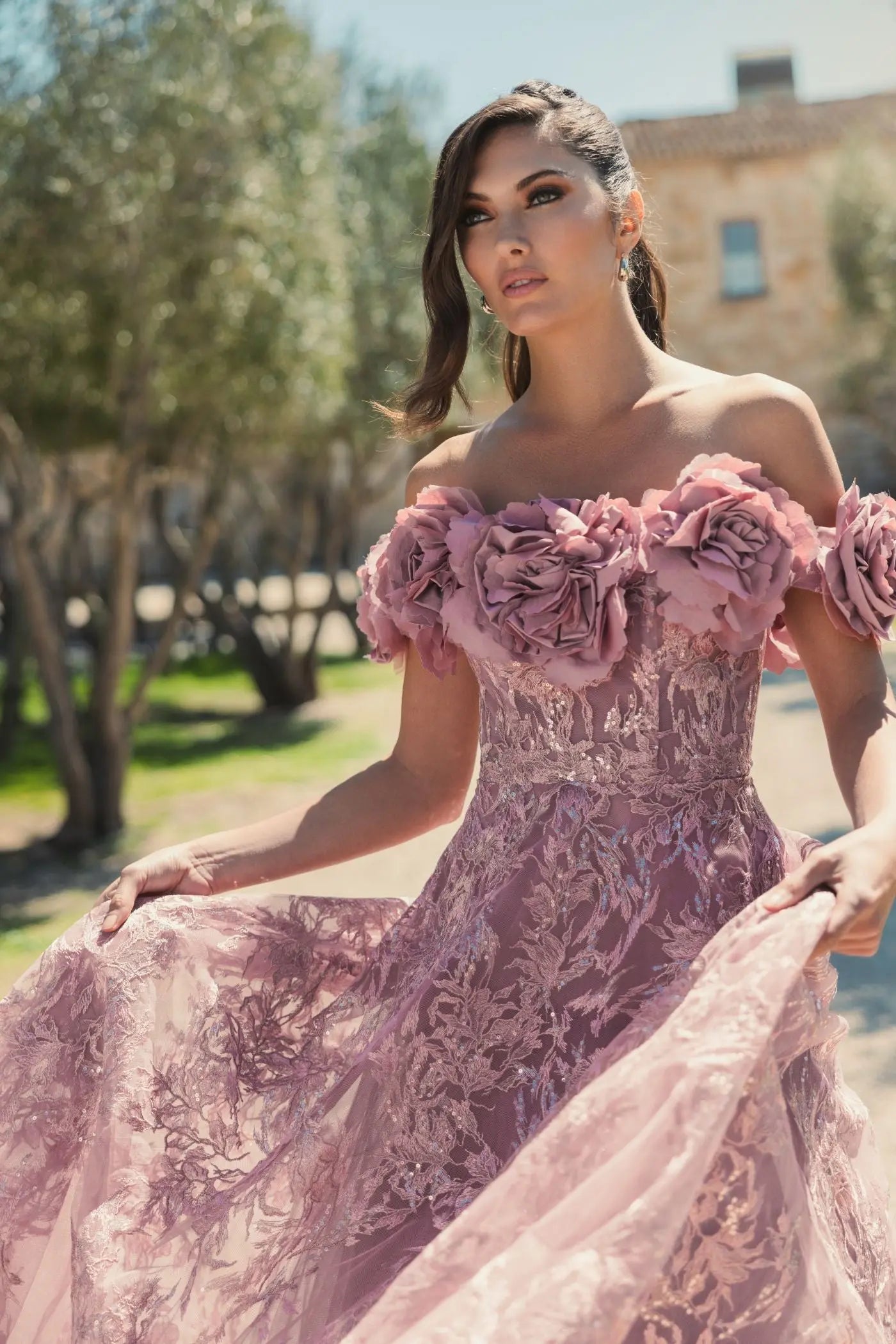 Purple Floral Embroidered Off The Shoulder A-line Gown