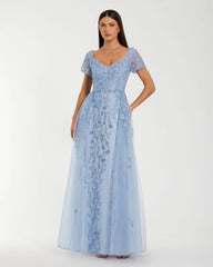 Blue Embroidered Beaded A-Line Gown with Overskirt