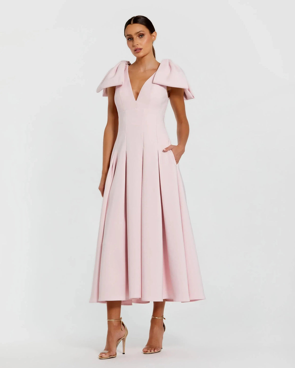 Pink Crepe A Line Midi Dress With Bow Straps