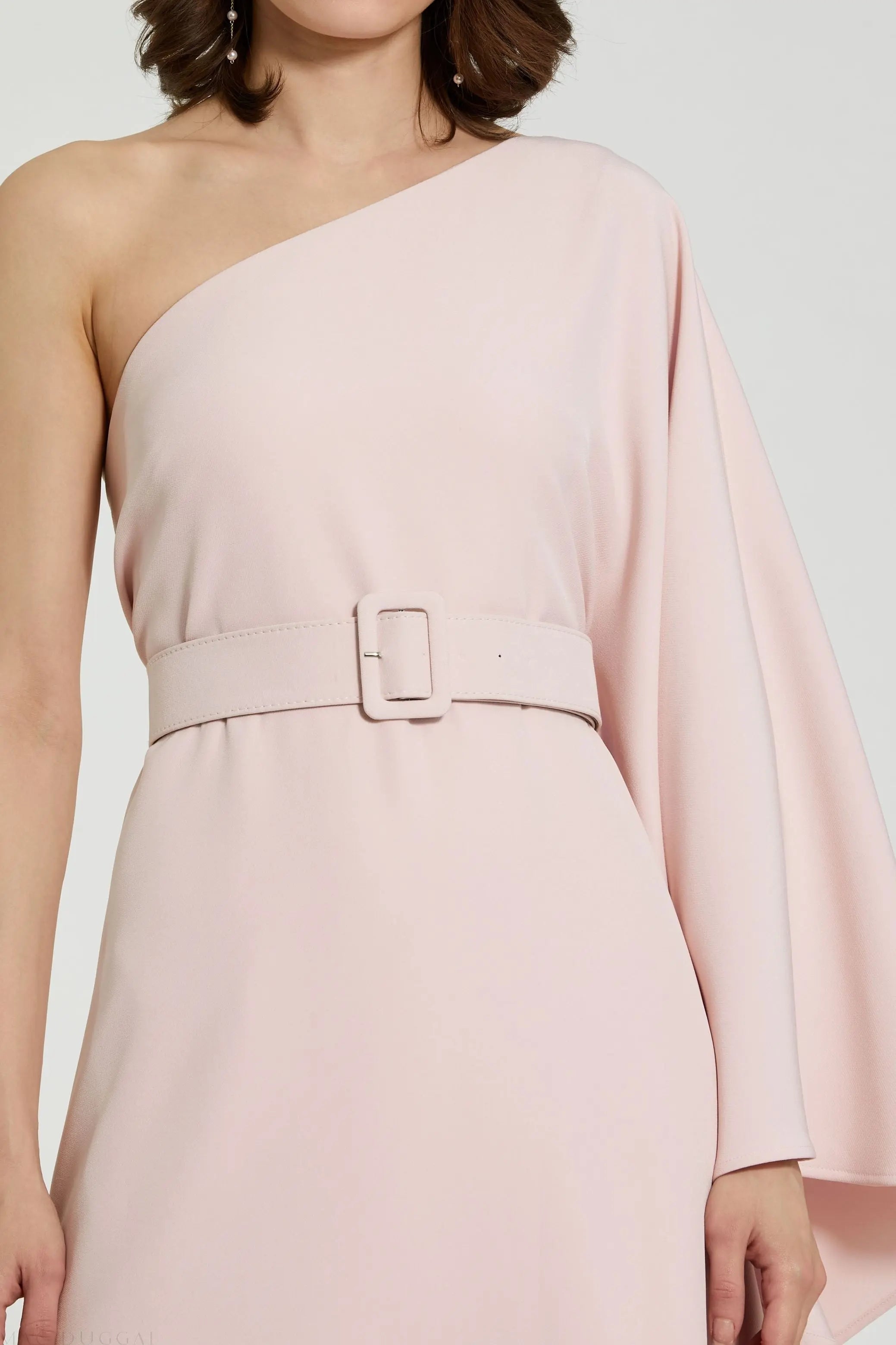 Pink Crepe One Sleeve Belted Kaftan Dress
