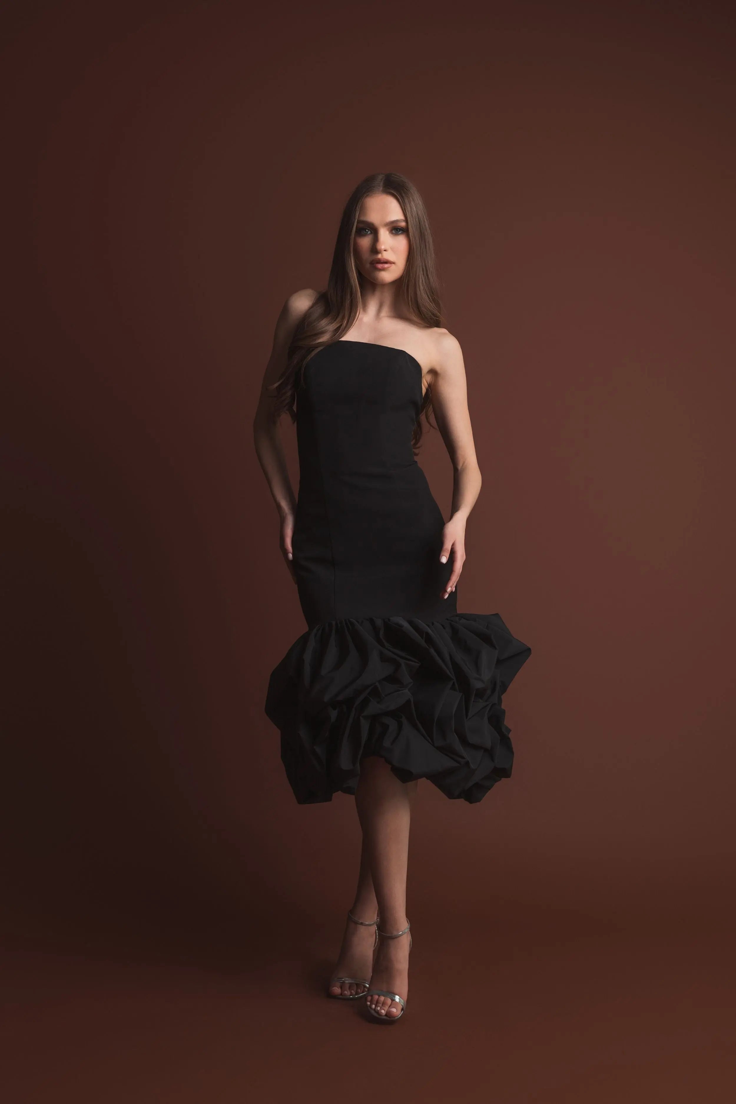Black Crepe Strapless Midi Dress With Bubble Hem