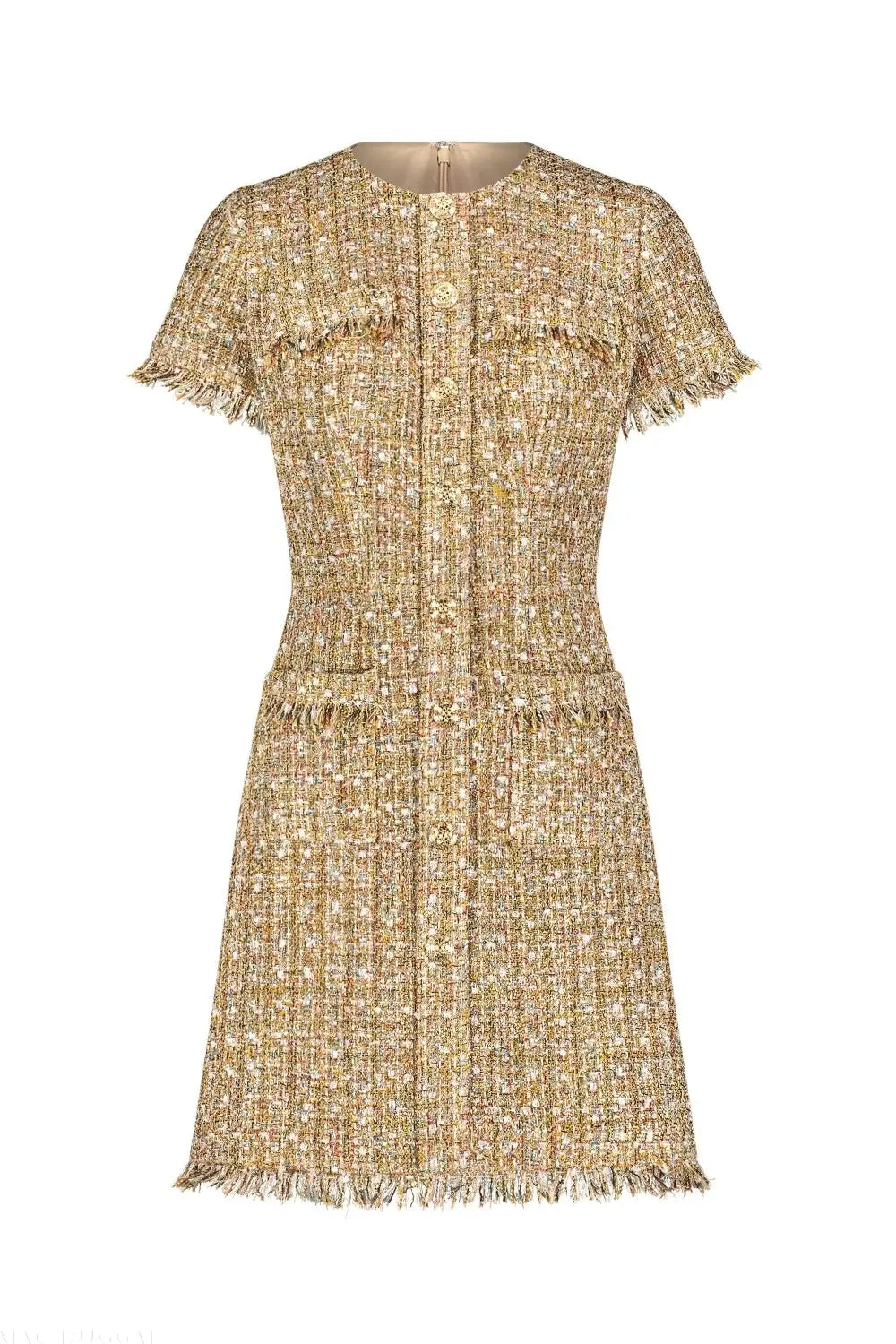 Beige Boucle Short Sleeve Mini Dress With Pockets