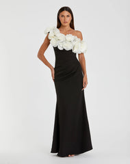 Black and White Jersey Gown With 3D Flower Off The Shoulder Detail