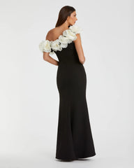 Black and White Jersey Gown With 3D Flower Off The Shoulder Detail