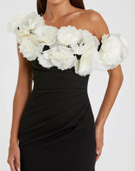 Black and White Jersey Gown With 3D Flower Off The Shoulder Detail