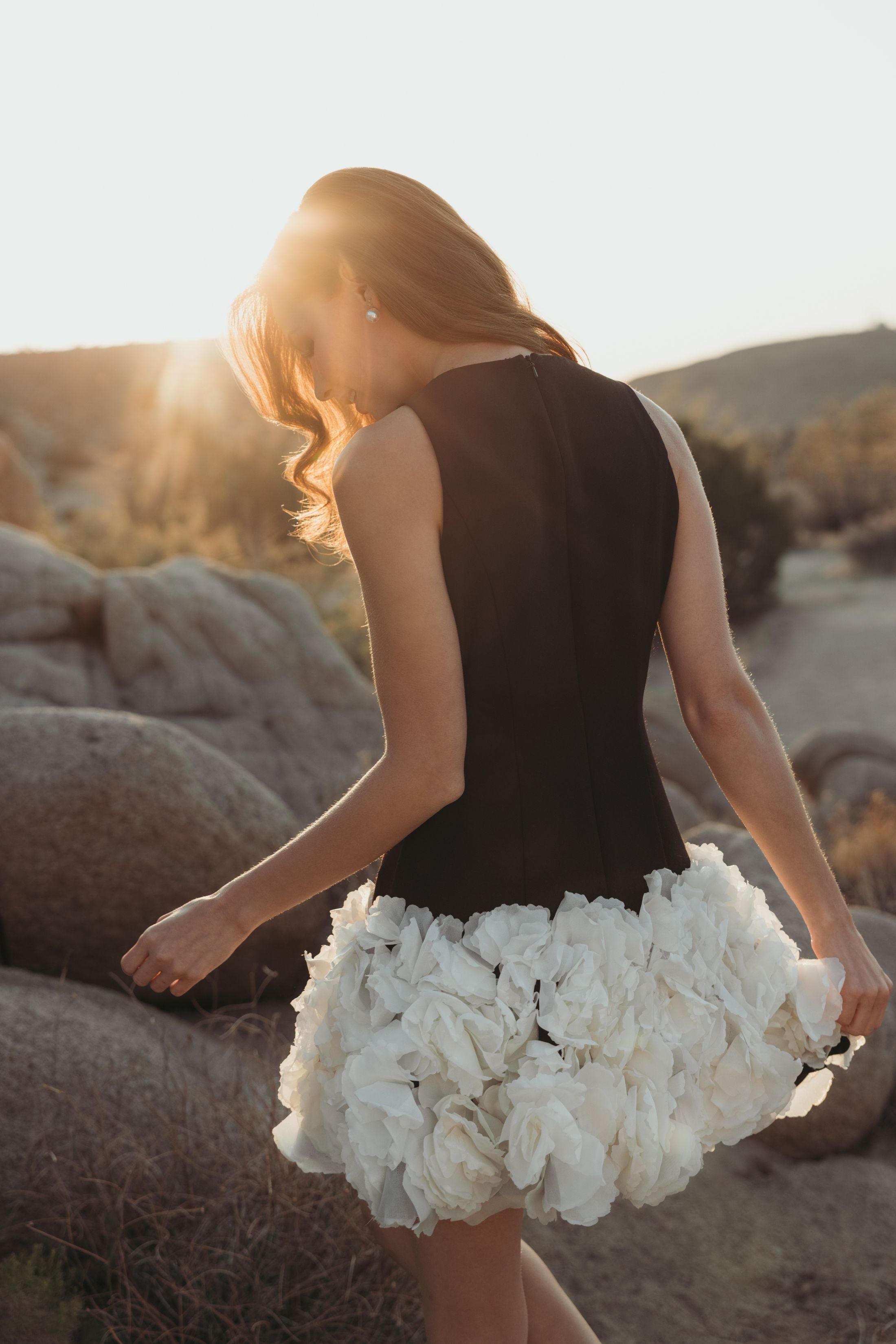 Black and White Sleeveless Mini Dress with 3D Floral Skirt