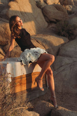 Black and White Sleeveless Mini Dress with 3D Floral Skirt