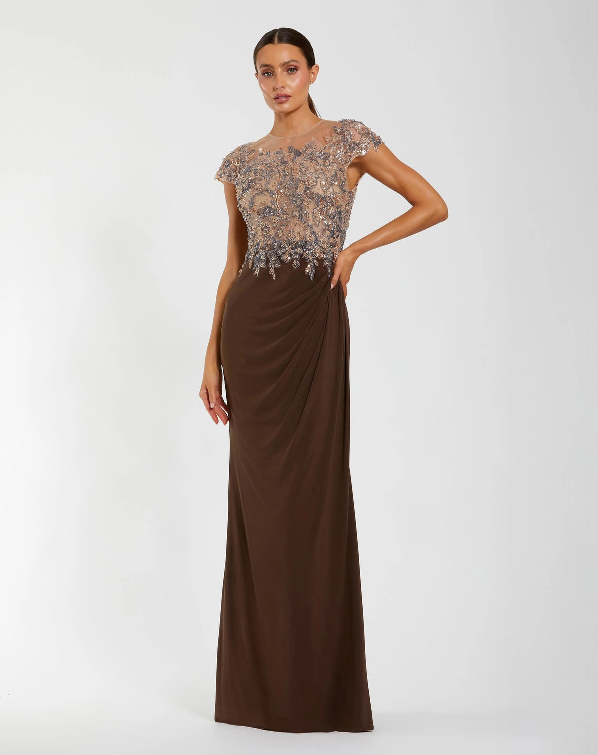 Brown Crystal Applique Embellished Jersey Gown