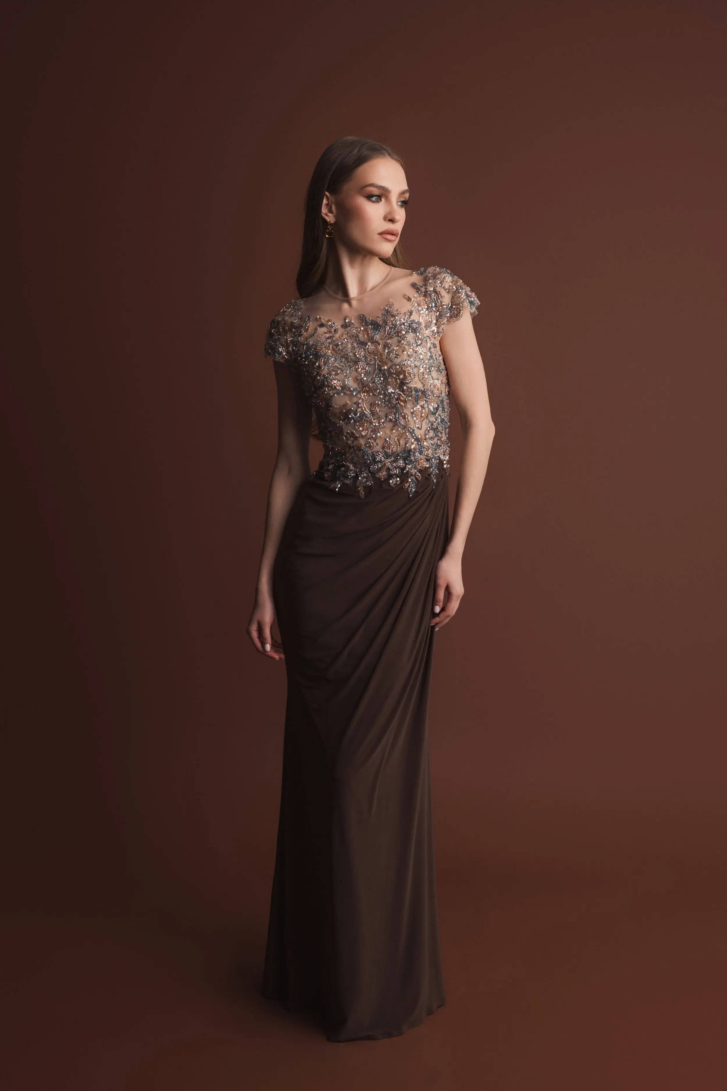 Brown Crystal Applique Embellished Jersey Gown