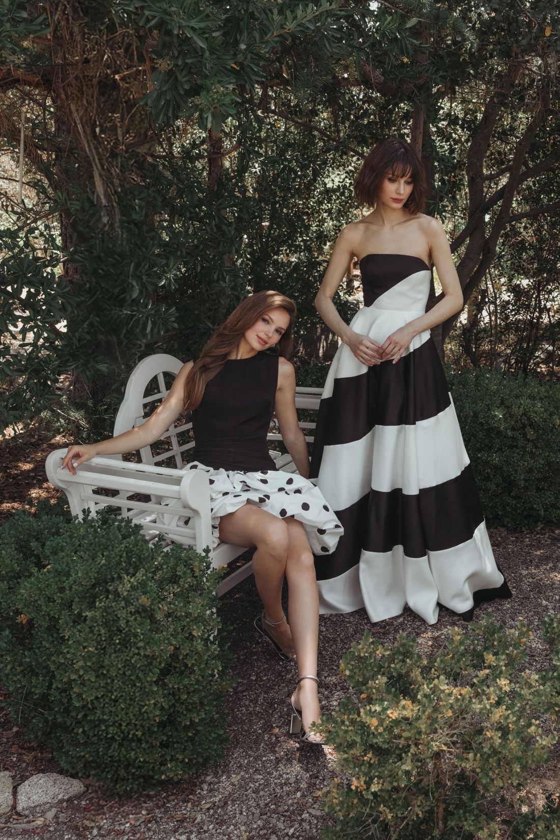 Black and White Striped Satin Strapless Ball Gown